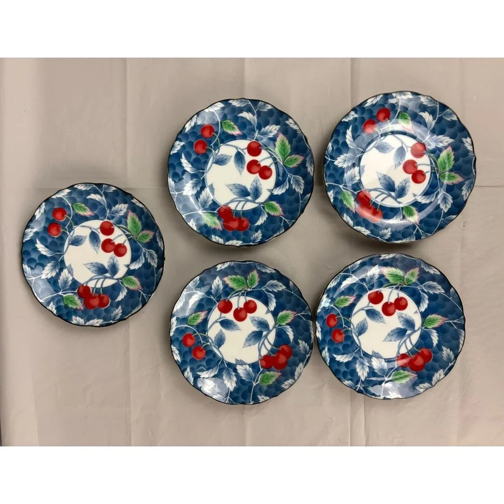 Williams Sonoma Cup & Saucer (set of 5) Red Cherries, White, Blue, WSO22